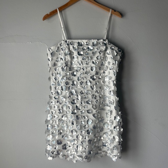 Storia Amaryllis Silver Petal Party Dress White Tulle Metallic Mini Large NEW - Picture 6 of 10